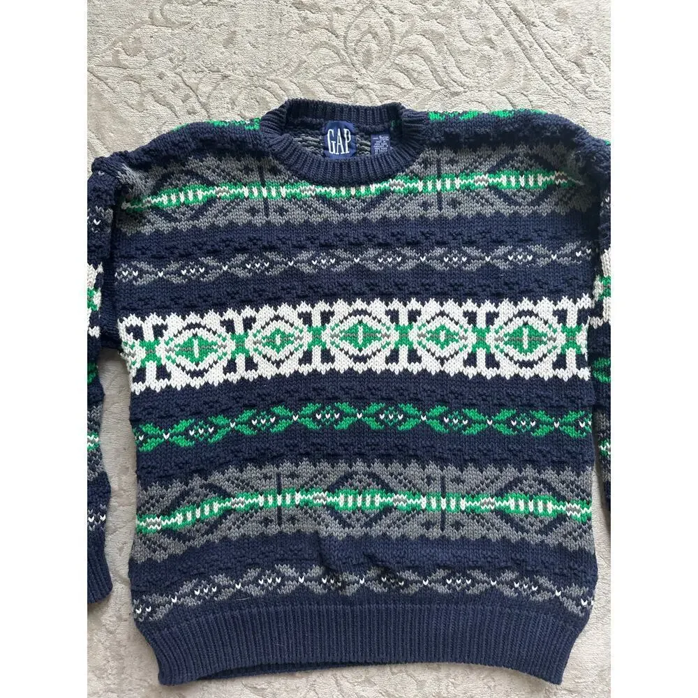 Vintage 90s GAP Rare Sweater Men’s Small Fair Isle Knit Blue Green Cotton